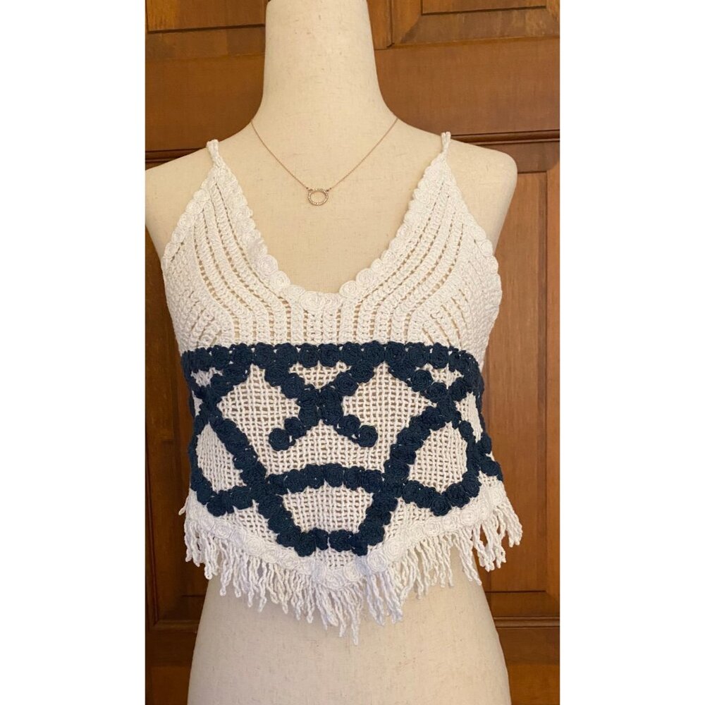 Strappy Crochet‎ Festival Crop Top Women XS White/Blue Fringe Southwestern Boho